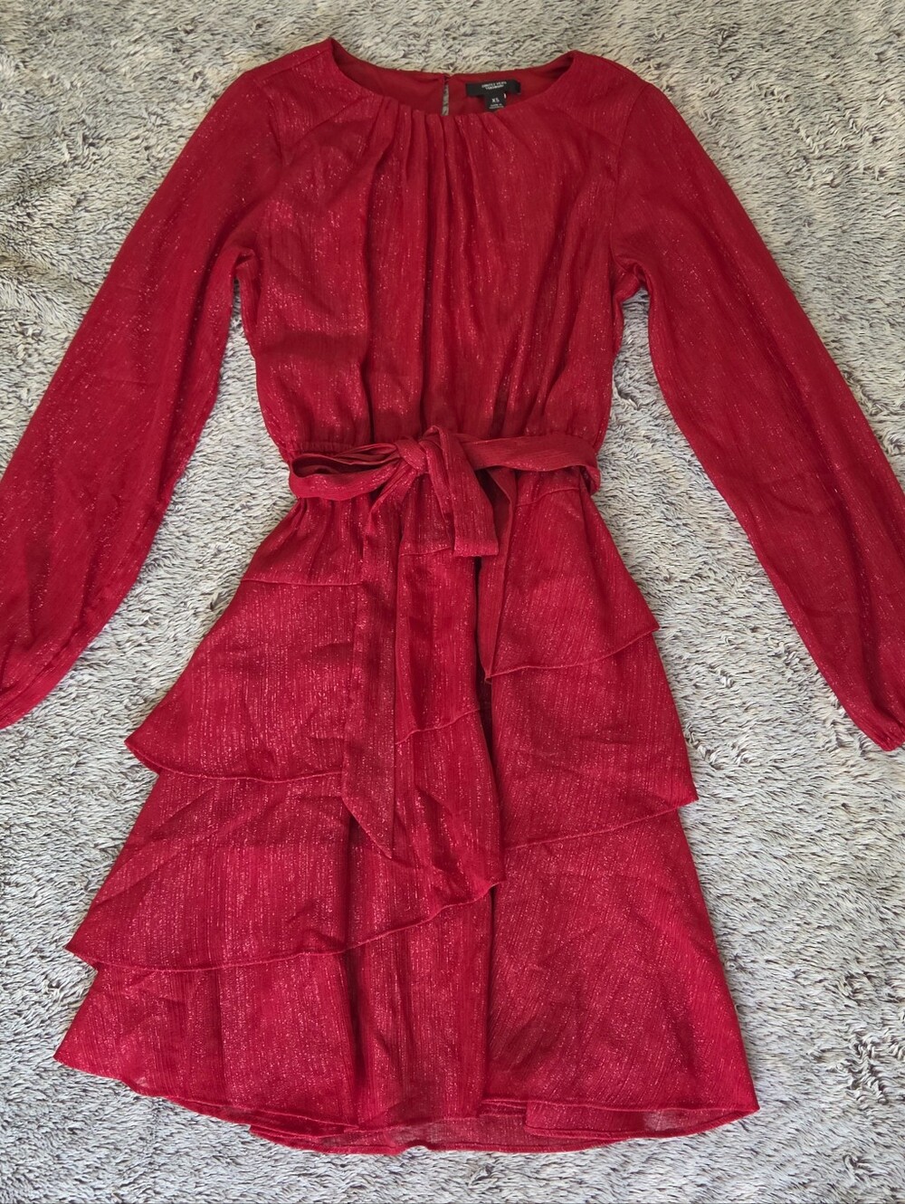 Womens Vera Wang Sparkle Red Tiered Party Dress with Waist Tie Sz Xs